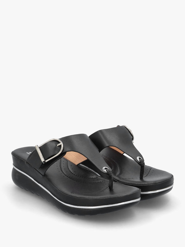 Jesse Black Leather Toe Post Wedge Sandals