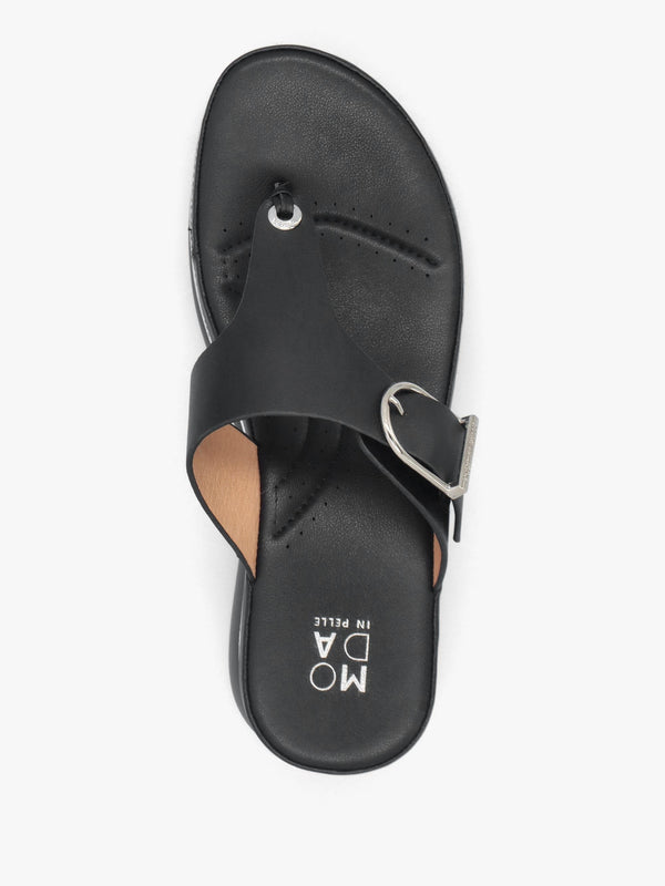 Jesse Black Leather Toe Post Wedge Sandals