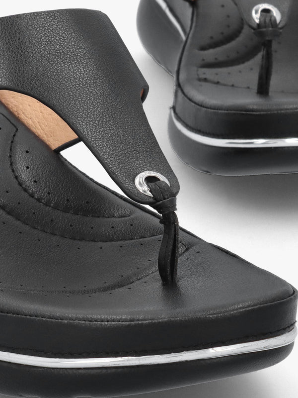 Jesse Black Leather Toe Post Wedge Sandals