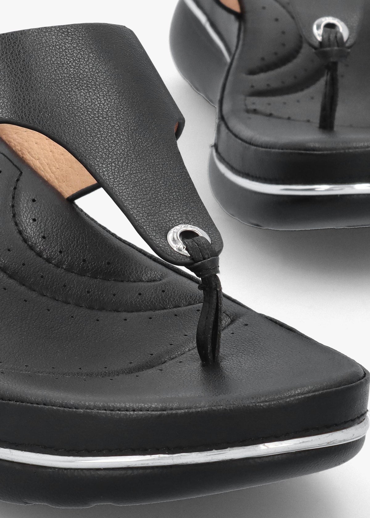 Jesse Black Leather Toe Post Wedge Sandals