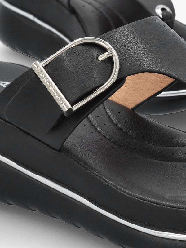 Jesse Black Leather Toe Post Wedge Sandals