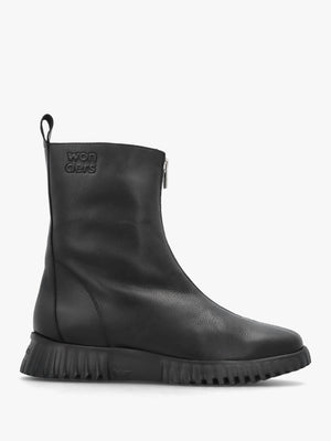 Black Leather Front Zip Ankle Boots
