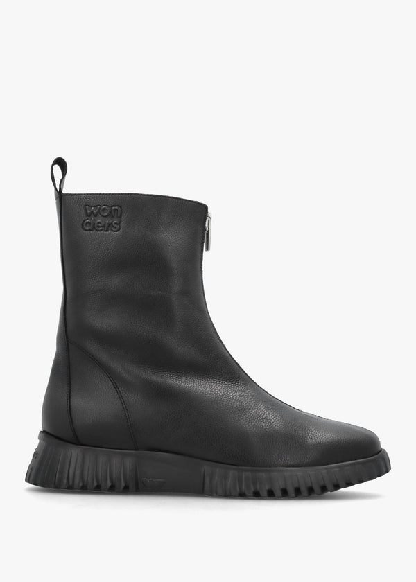 Black Leather Front Zip Ankle Boots