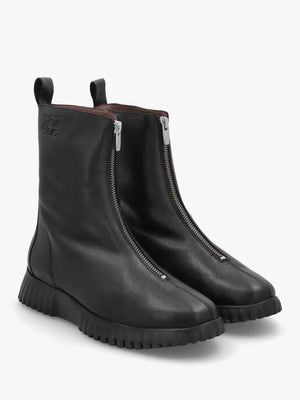 Black Leather Front Zip Ankle Boots