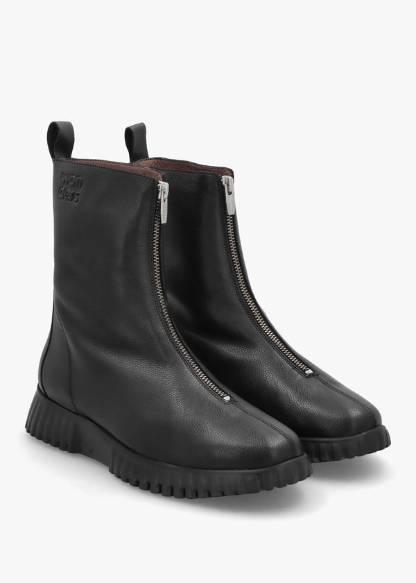 Black Leather Front Zip Ankle Boots