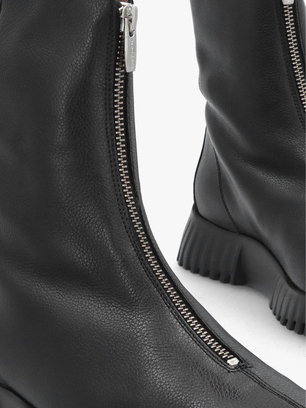 Black Leather Front Zip Ankle Boots