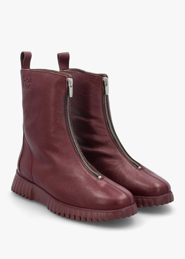 Burgundy Leather Front Zip Ankle Boots