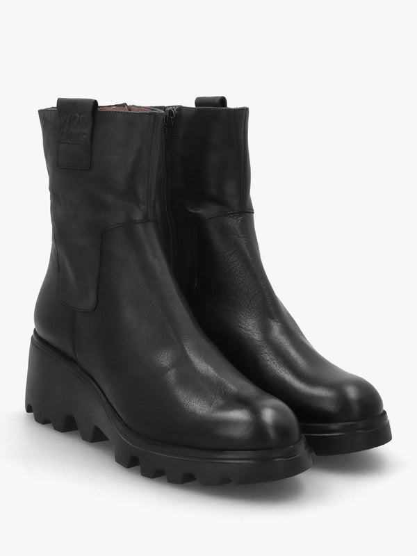 Black Leather Wedge Ankle Boots