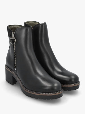 Dahlia Black Leather Block Heel Ankle Boots