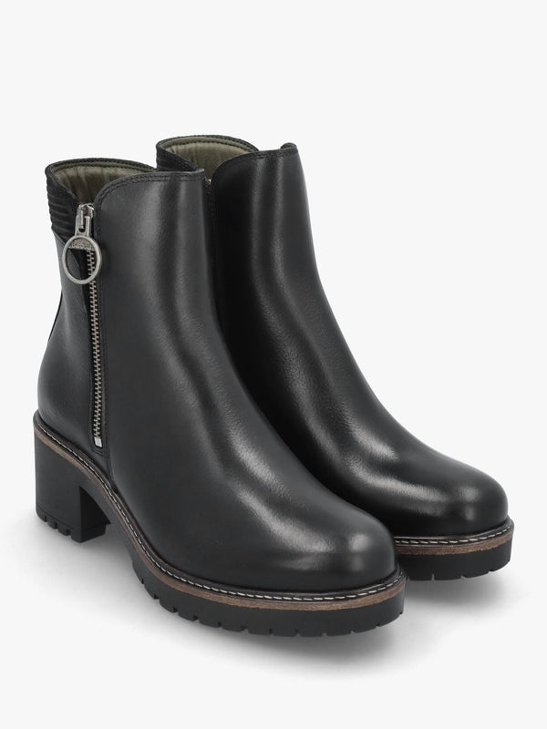 Dahlia Black Leather Block Heel Ankle Boots