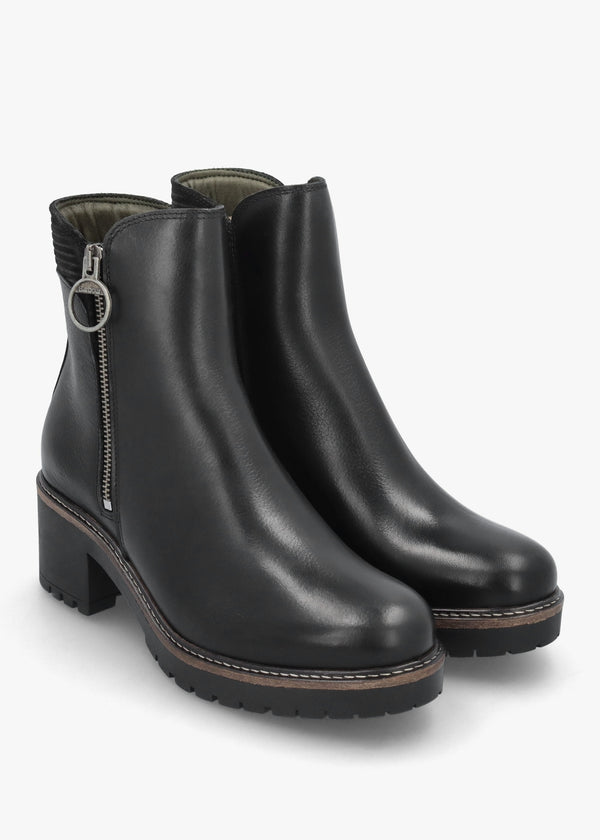 Dahlia Black Leather Block Heel Ankle Boots