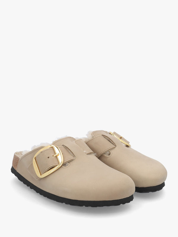 Women’s Boston Big Buckle Shearling Tabacco Brown Leather Clogs