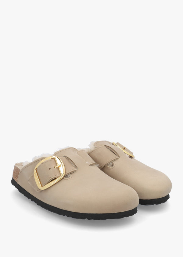 Women’s Boston Big Buckle Shearling Tabacco Brown Leather Clogs