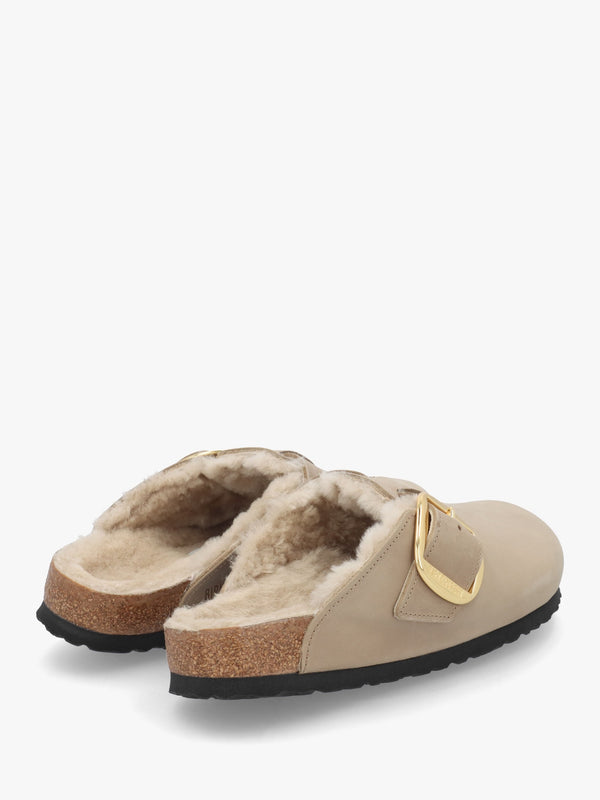 Women’s Boston Big Buckle Shearling Tabacco Brown Leather Clogs
