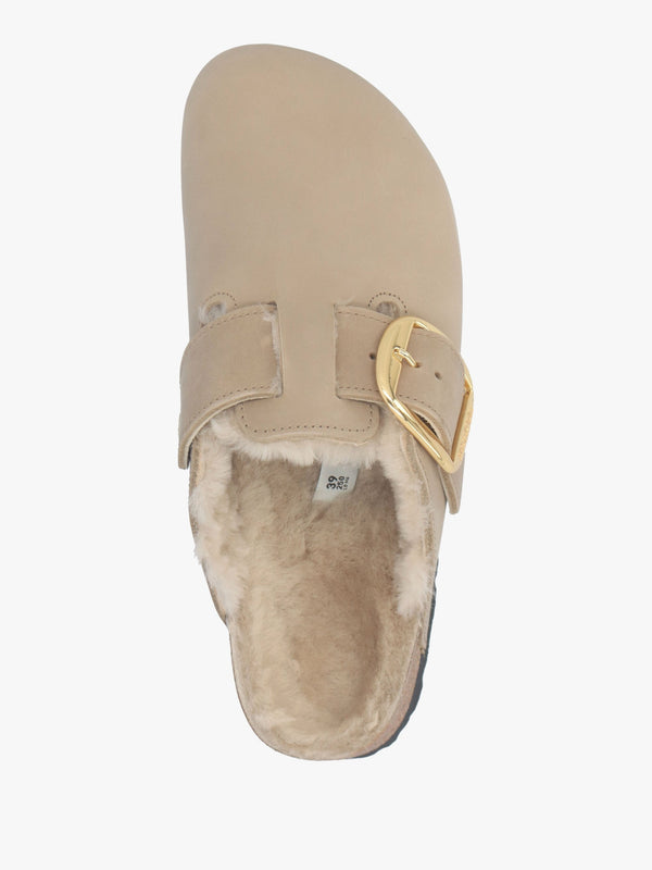 Women’s Boston Big Buckle Shearling Tabacco Brown Leather Clogs