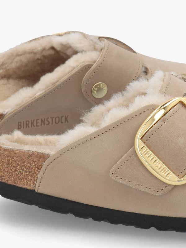 Women’s Boston Big Buckle Shearling Tabacco Brown Leather Clogs