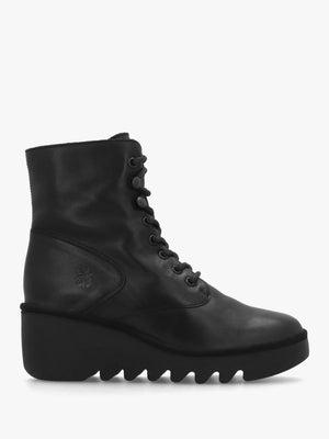 Birr Black Leather Lace Up Wedge Ankle Boot