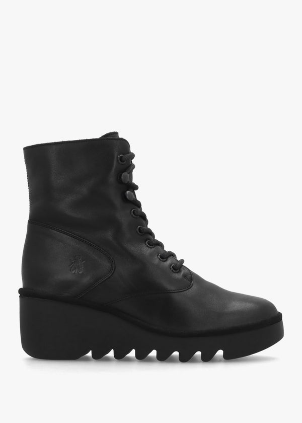 Birr Black Leather Lace Up Wedge Ankle Boot