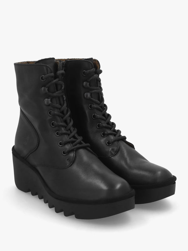 Birr Black Leather Lace Up Wedge Ankle Boot