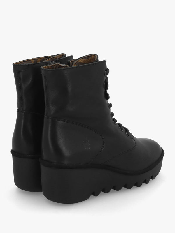 Birr Black Leather Lace Up Wedge Ankle Boot