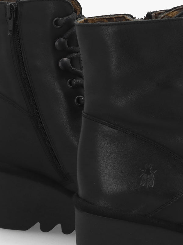 Birr Black Leather Lace Up Wedge Ankle Boot