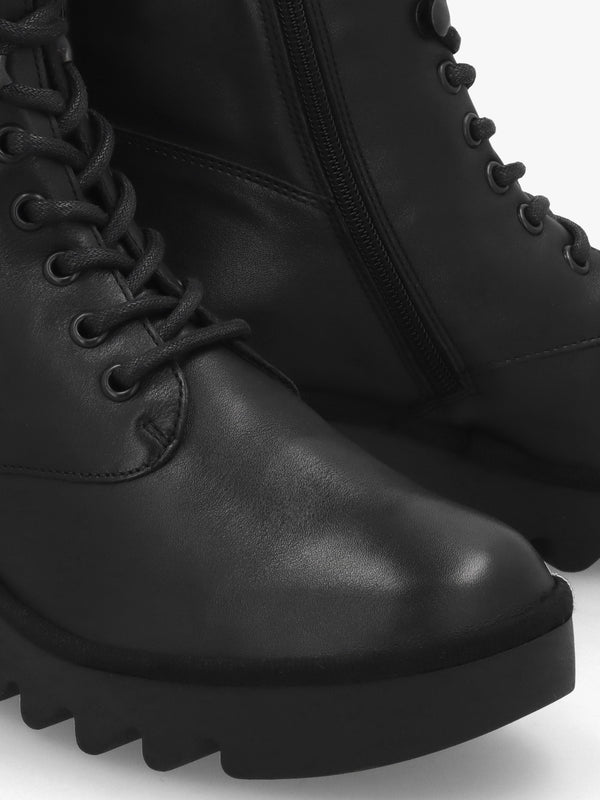 Birr Black Leather Lace Up Wedge Ankle Boot