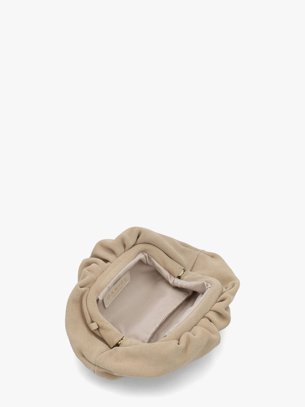 Inrouche Beige Suede Ruched Clutch Bag