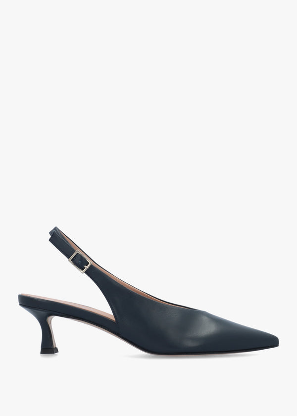 Siamma Navy Leather Kitten Heel Sling Backs