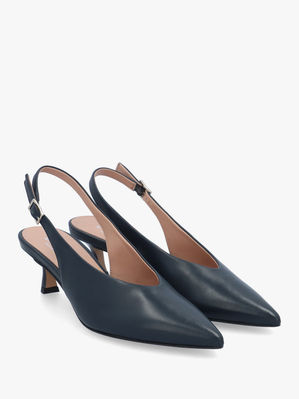 Siamma Navy Leather Kitten Heel Sling Backs