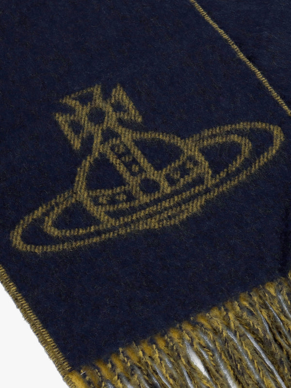 Unisex Double Logo Navy Blue Wool Scarf