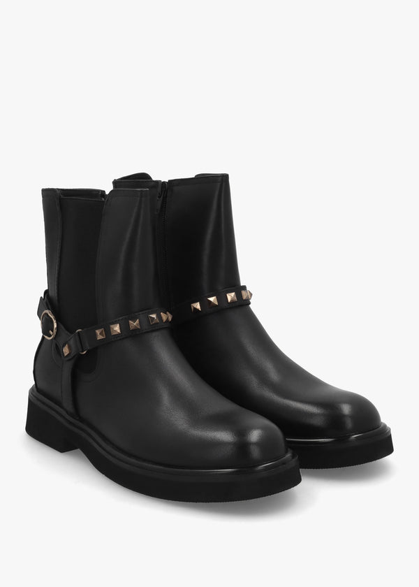 Roxanne Black Leather Studded Strap Chelsea Boots