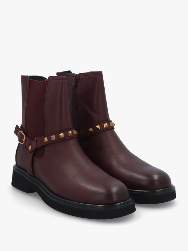 Roxanne Burgundy Leather Studded Strap Chelsea Boots