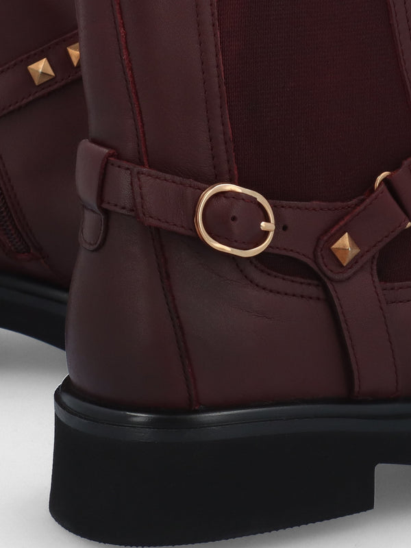 Roxanne Burgundy Leather Studded Strap Chelsea Boots
