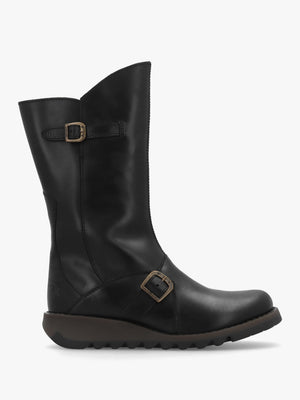 Mes II Black Leather Low Wedge Calf Boots