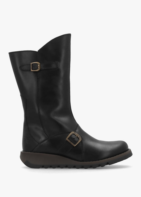 Mes II Black Leather Low Wedge Calf Boots