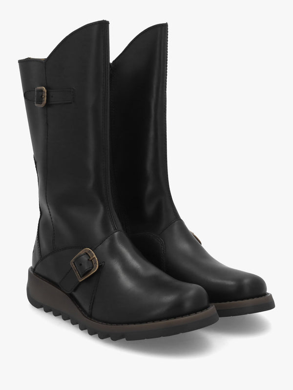 Mes II Black Leather Low Wedge Calf Boots