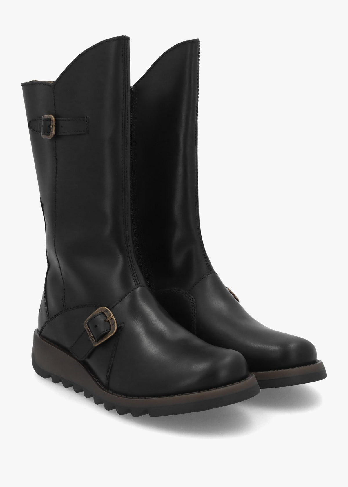 Mes II Black Leather Low Wedge Calf Boots