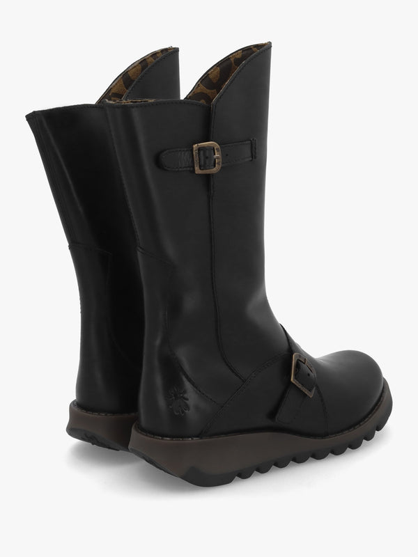 Mes II Black Leather Low Wedge Calf Boots