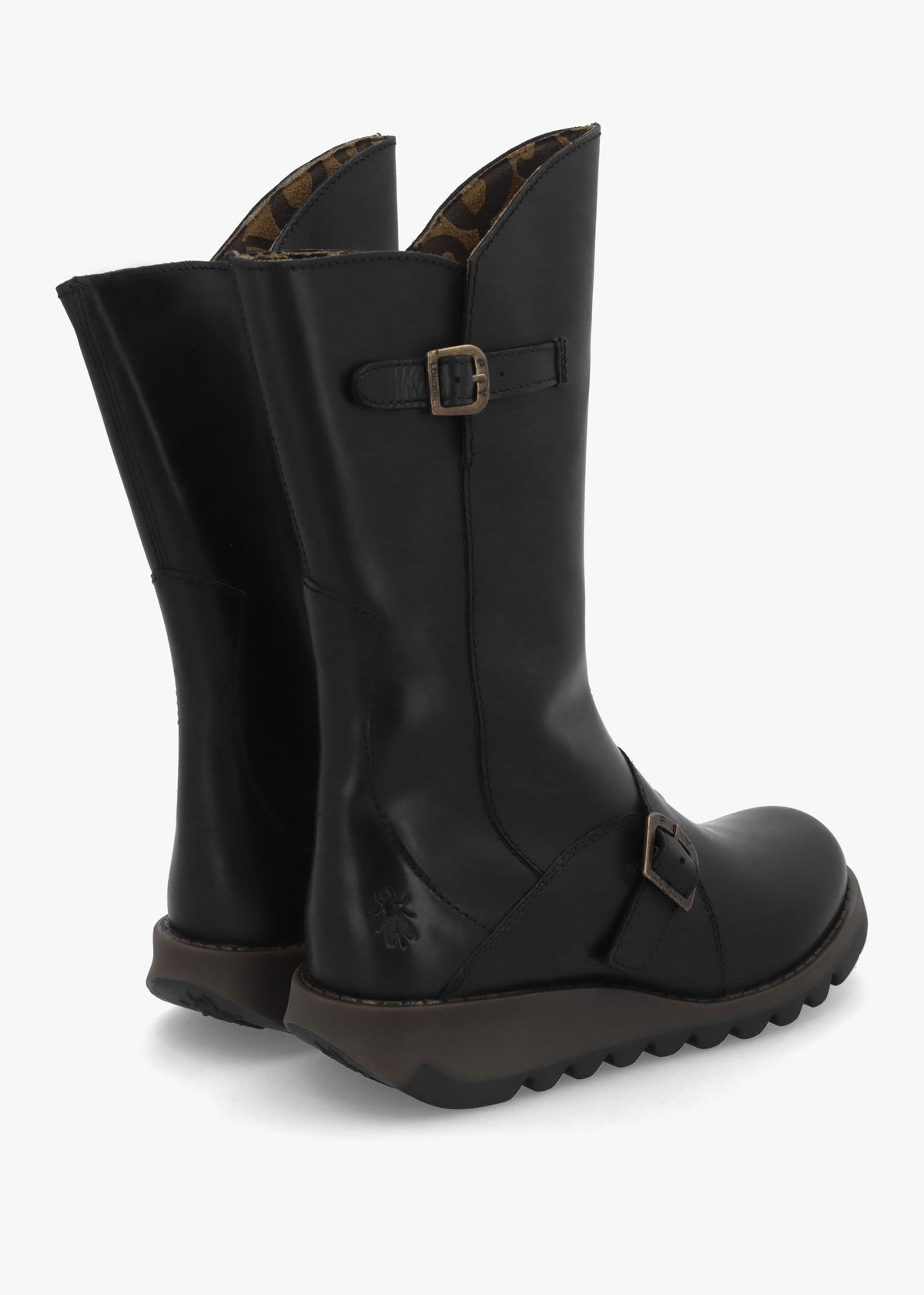 Mes II Black Leather Low Wedge Calf Boots