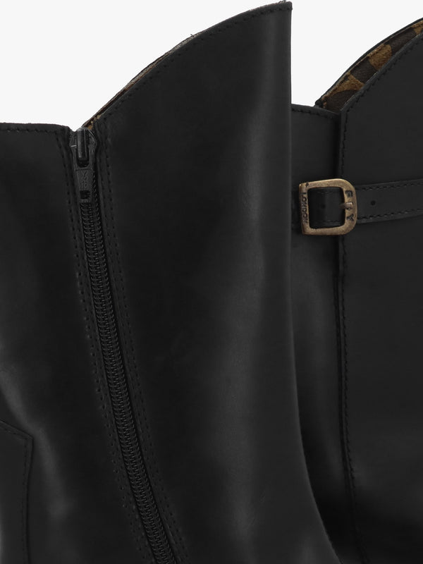 Mes II Black Leather Low Wedge Calf Boots