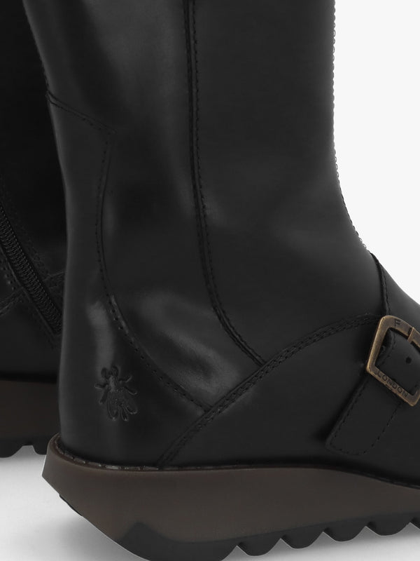 Mes II Black Leather Low Wedge Calf Boots