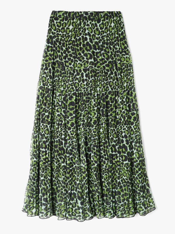Green Leopard Print Tiered Maxi Skirt