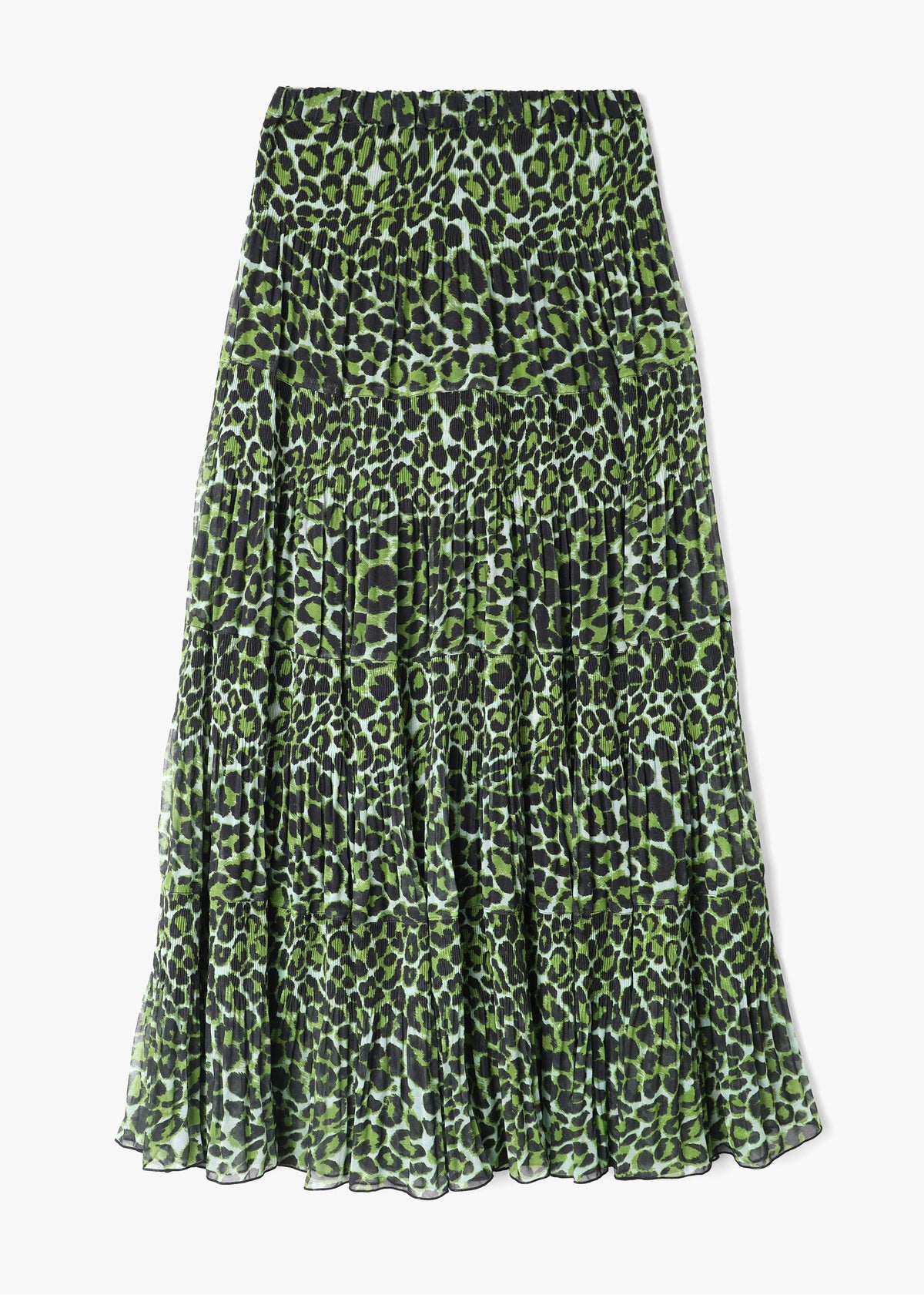 Green Leopard Print Tiered Maxi Skirt