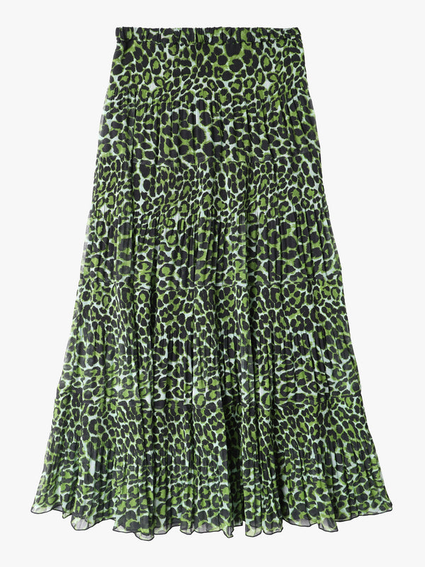 Green Leopard Print Tiered Maxi Skirt