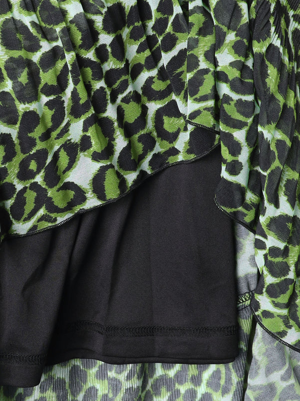 Green Leopard Print Tiered Maxi Skirt
