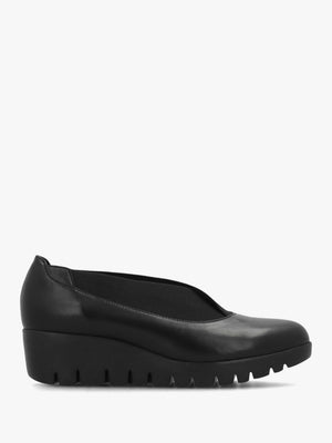 Cora Black Leather Elasticated Crossover Wedge Shoes