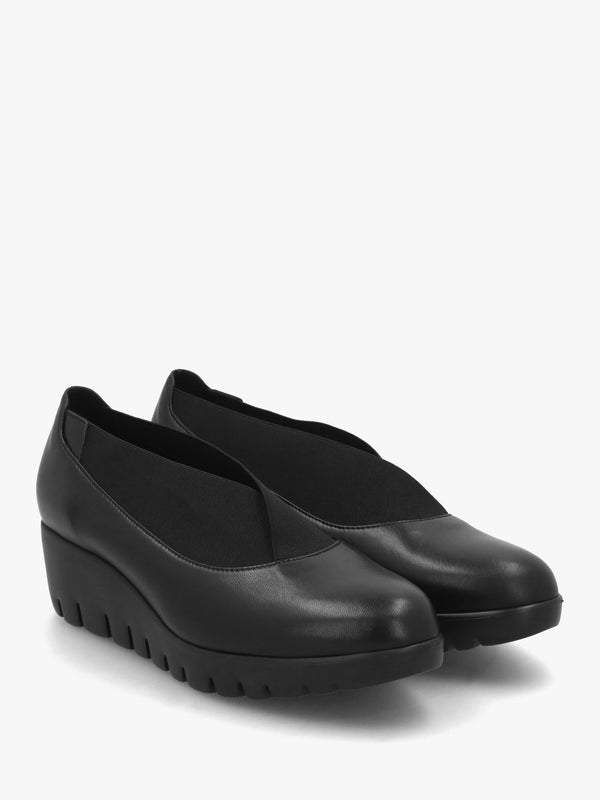 Cora Black Leather Elasticated Crossover Wedge Shoes