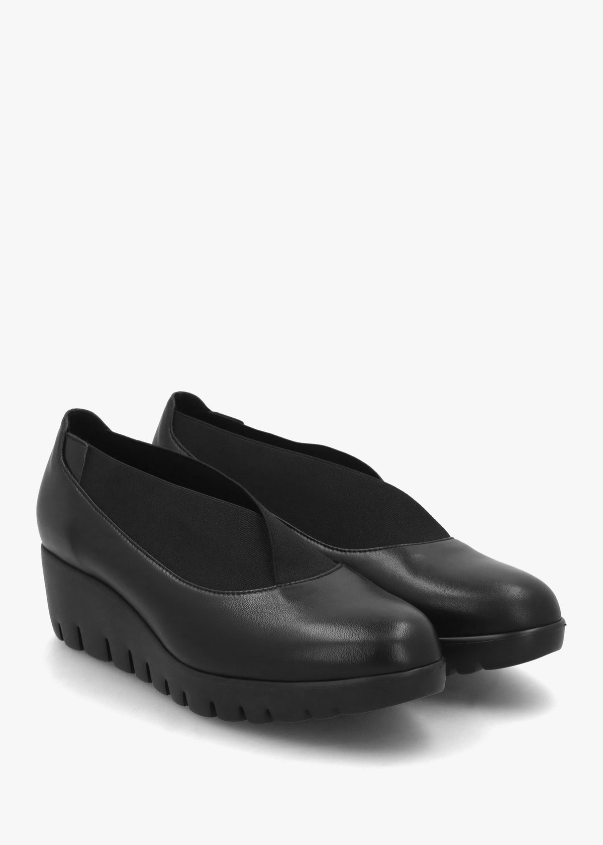 Cora Black Leather Elasticated Crossover Wedge Shoes