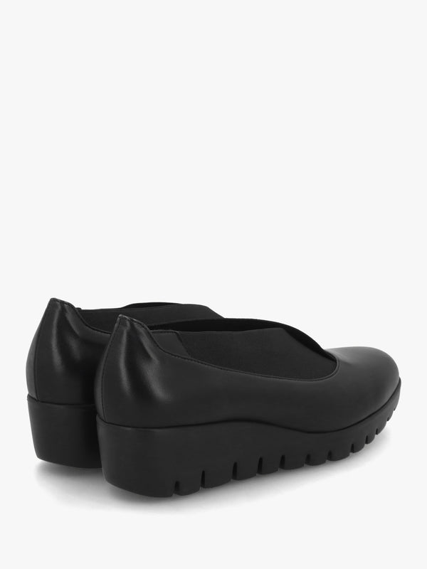 Cora Black Leather Elasticated Crossover Wedge Shoes