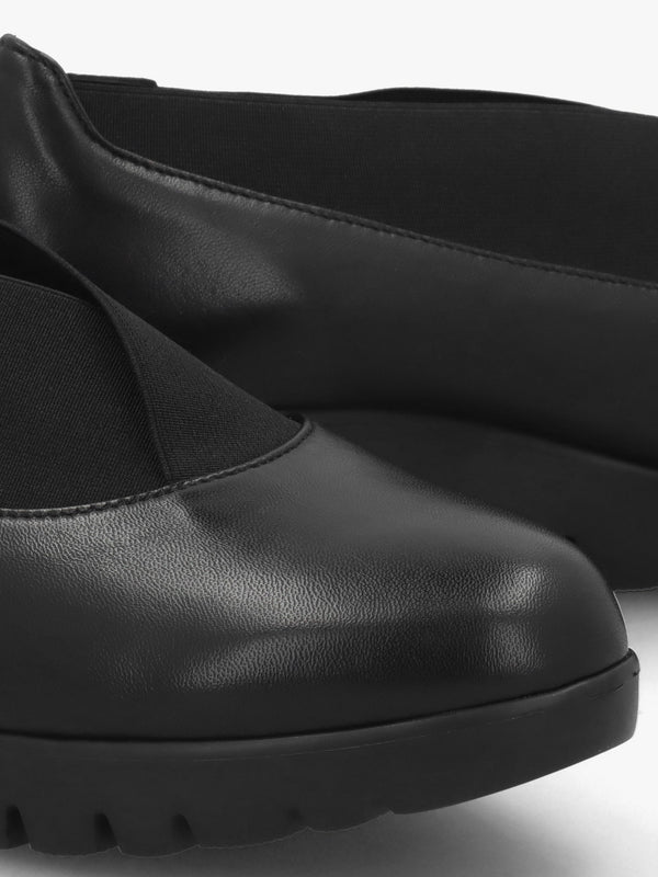 Cora Black Leather Elasticated Crossover Wedge Shoes